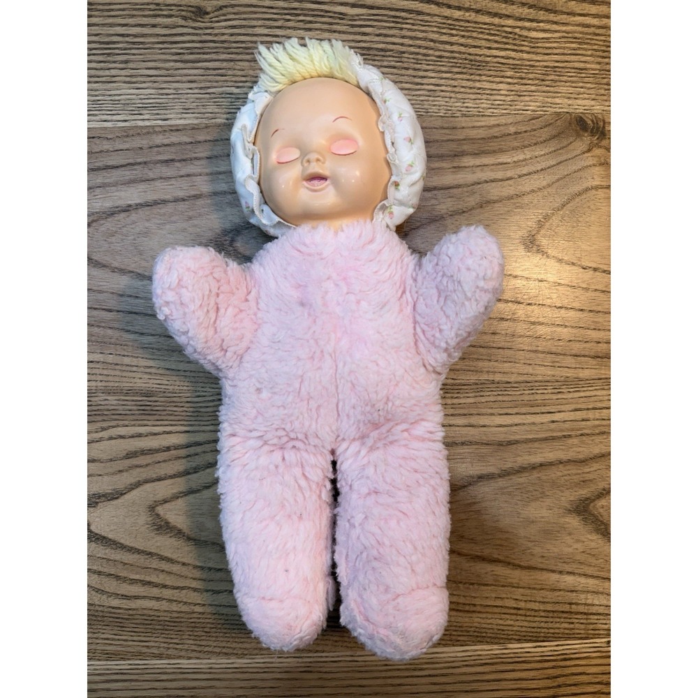 VTG Eden Pink Baby Doll Plush Eyelet Bonnet Blonde Yarn Hair Stuffed Lovey